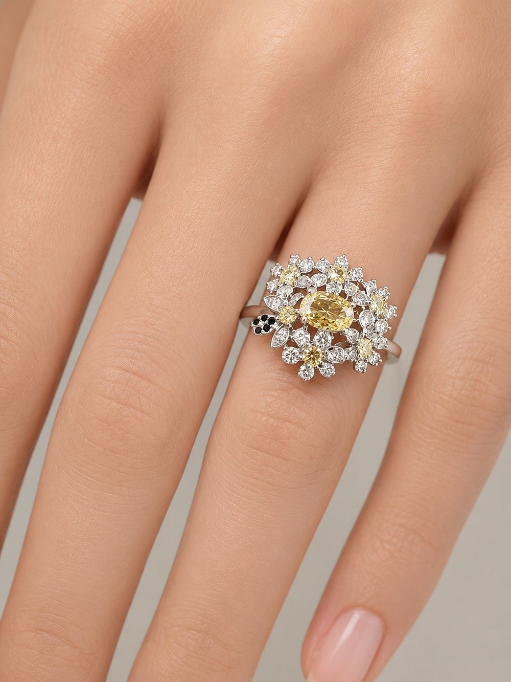 Flexible Yellow Floral Cluster Ring with Sparkling Accents by